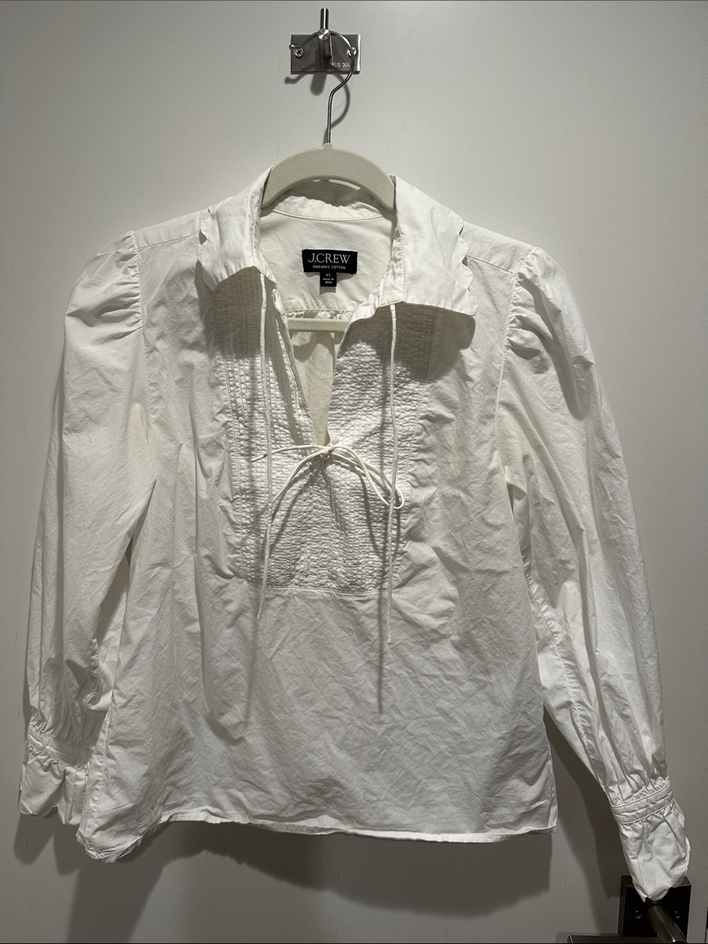J. Crew White Pintuck Tie-Front Cotton Blouse